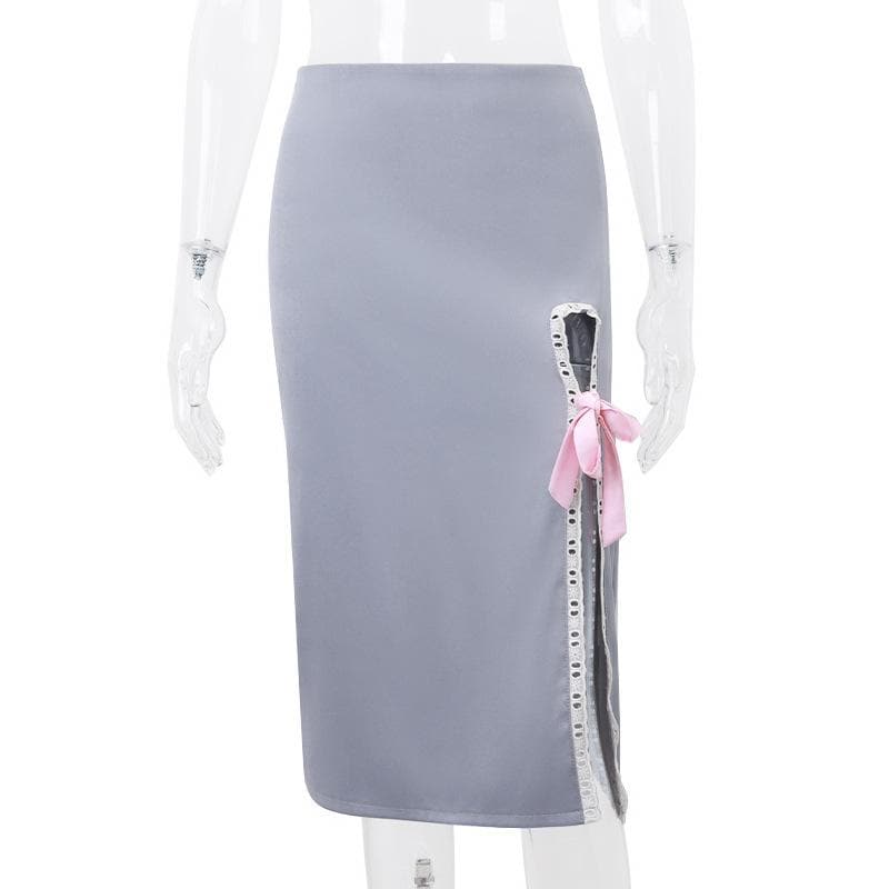 Bowknot slit lace hem denim zip-up hollow out irregular cut out midi skirt