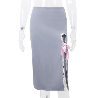 Bowknot slit lace hem denim zip-up hollow out irregular cut out midi skirt