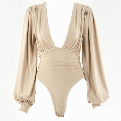 Halibuy Double layered deep v neck ruched solid bodysuit - Final Sale