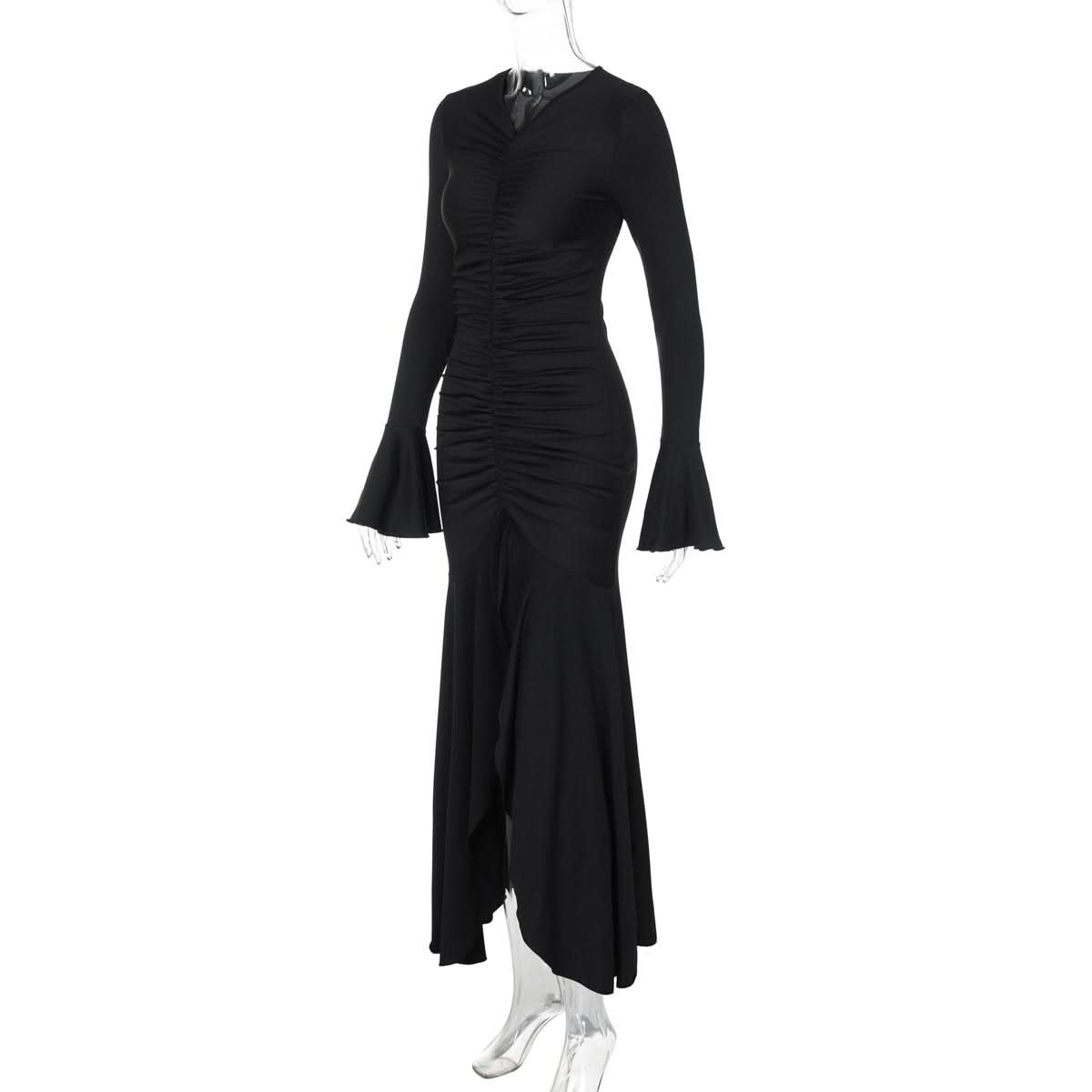 Long flared sleeve v neck ruched maxi dress