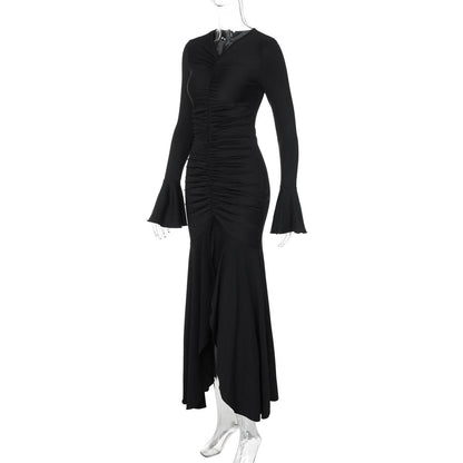 Long flared sleeve v neck ruched maxi dress