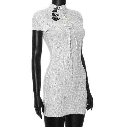 High neck short sleeve self tie mini dress