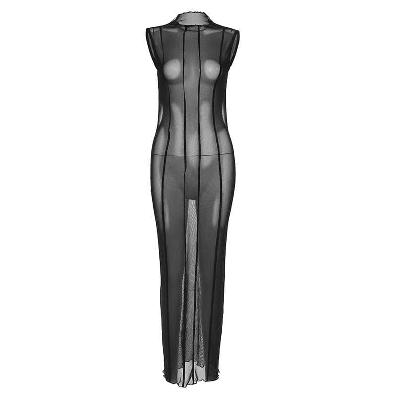 High Neck Vertical Panel Sheer Mesh Backless Maxi Dress