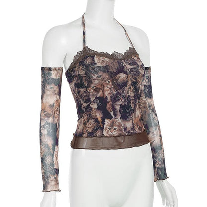Halter gloves cat print lace hem top