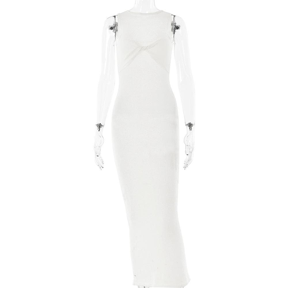 Sleeveless crewneck solid backless maxi dress