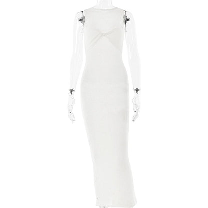 Sleeveless crewneck solid backless maxi dress