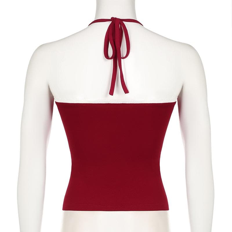 Halter ruched lace hem backless solid top
