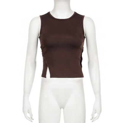 Irregular crewneck button hollow out cut out top
