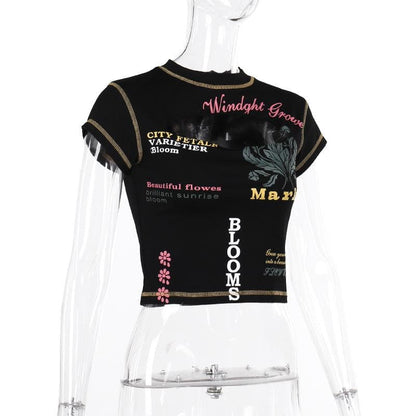 Contrast print short sleeve stitch hollow out crewneck crop cut out top