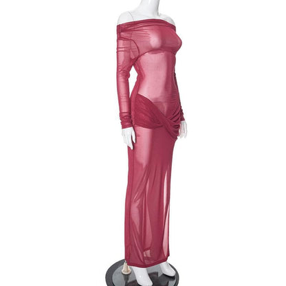 Long sleeve off shoulder sheer mesh ruched slit maxi dress