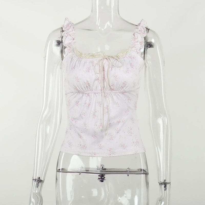 Flower print contrast sleeveless lace hem ruched top