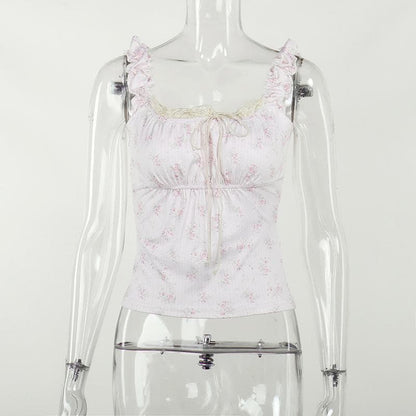 Flower print contrast sleeveless lace hem ruched top