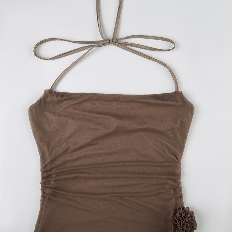 Halter mesh slit flower applique maxi dress