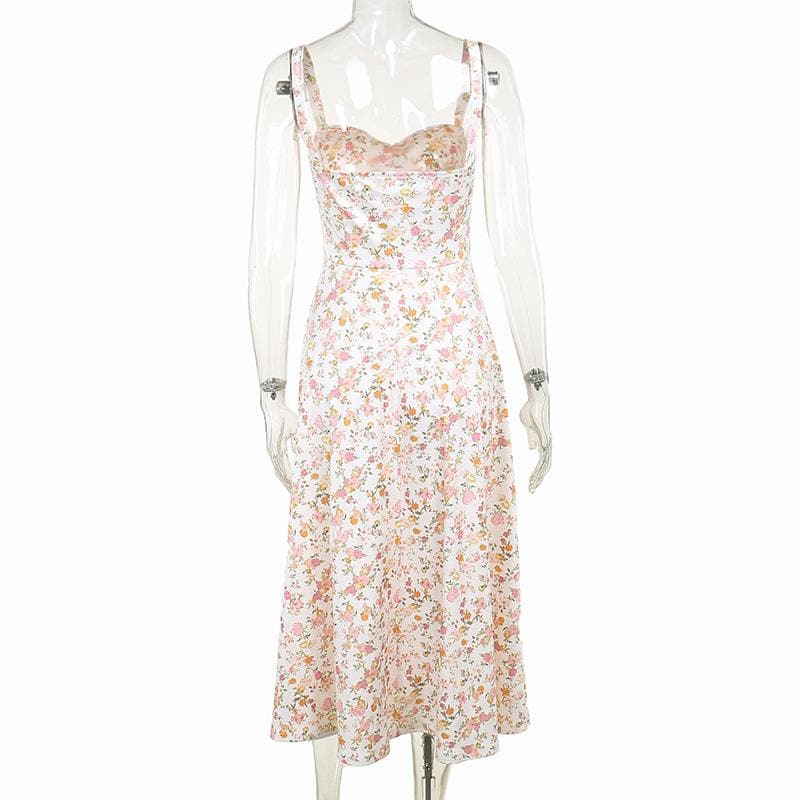 Drawstring ruched sweetheart neck flower print cami midi dress
