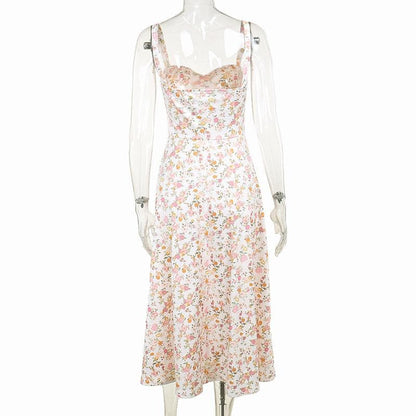 Drawstring ruched sweetheart neck flower print cami midi dress