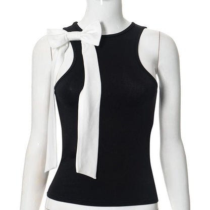Crew neck bowknot applique tank top