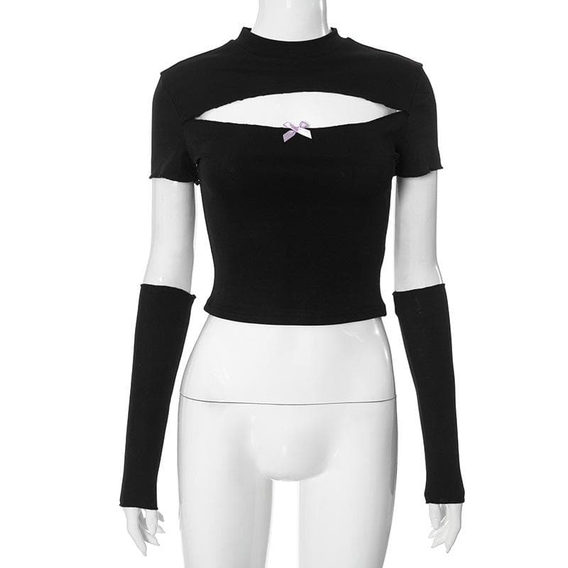 Short sleeve gloves hollow out bowknot crop cut out top