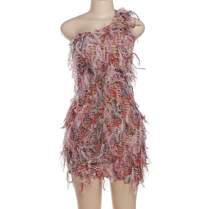 One shoulder irregular tassels contrast mini dress
