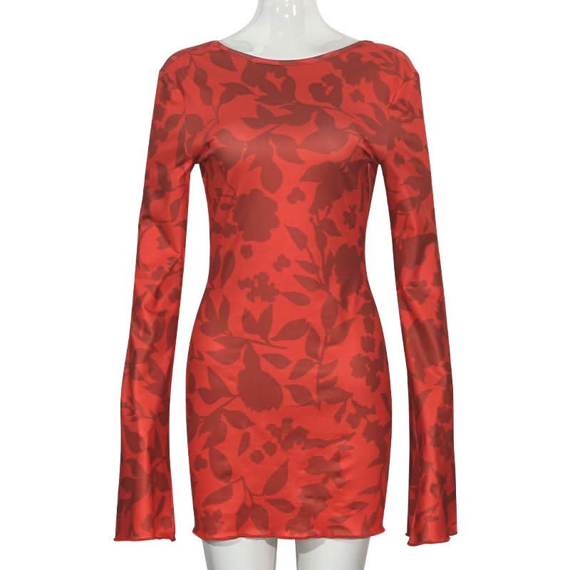 Long sleeve leopard print self tie backless mini dress