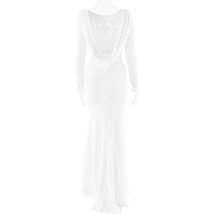 Long sleeve round neck ruched backless maxi dress