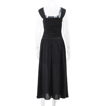 Square neck ruched backless cap sleeve solid maxi dress