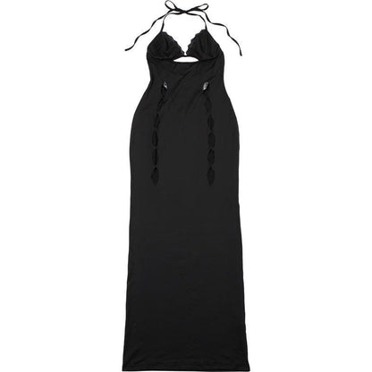 Halter v neck lace hem hollow out cut out maxi dress