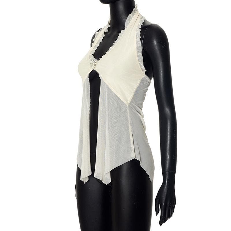 Halter lace hem ruffle butterfly embroidery mesh top