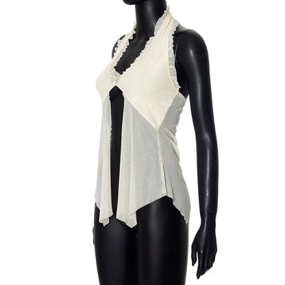 Halter lace hem ruffle butterfly embroidery mesh top