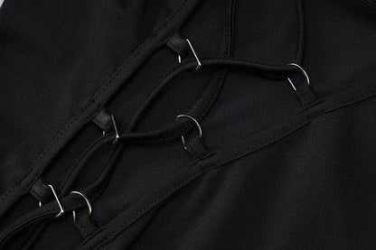 Lace up irregular long sleeve hollow out backless cut out maxi dress