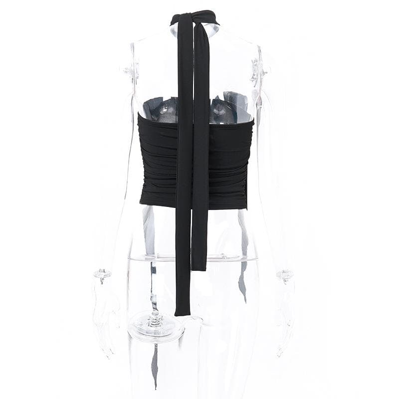 Flower applique solid halter ruched tube crop top