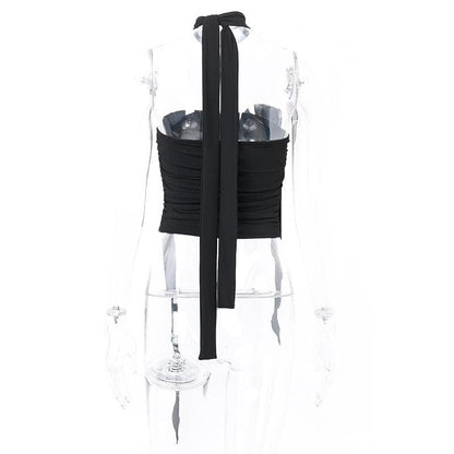 Flower applique solid halter ruched tube crop top