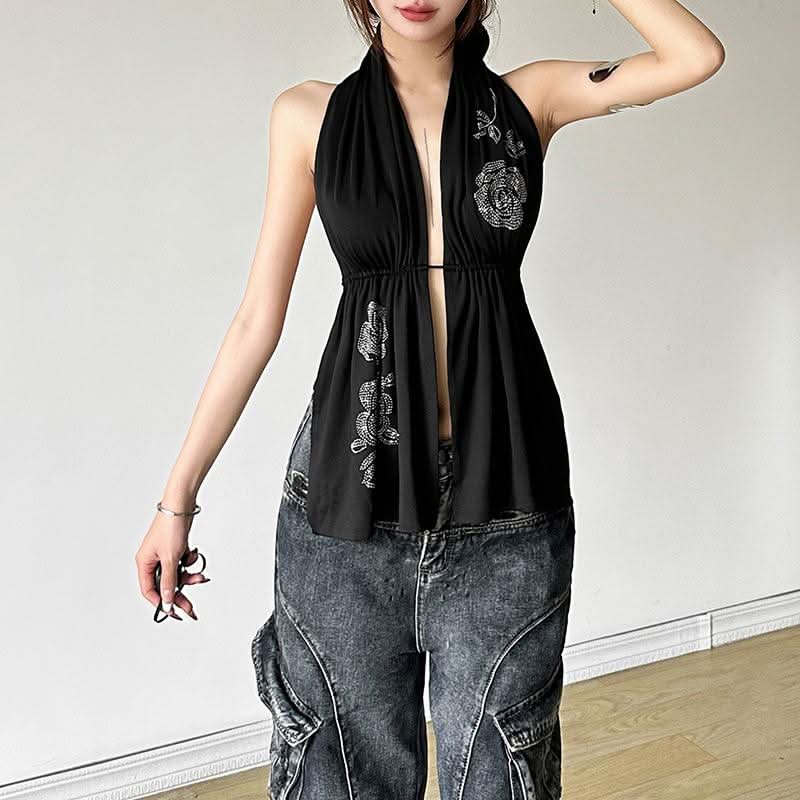 Halter beaded flower pattern ruched backless top