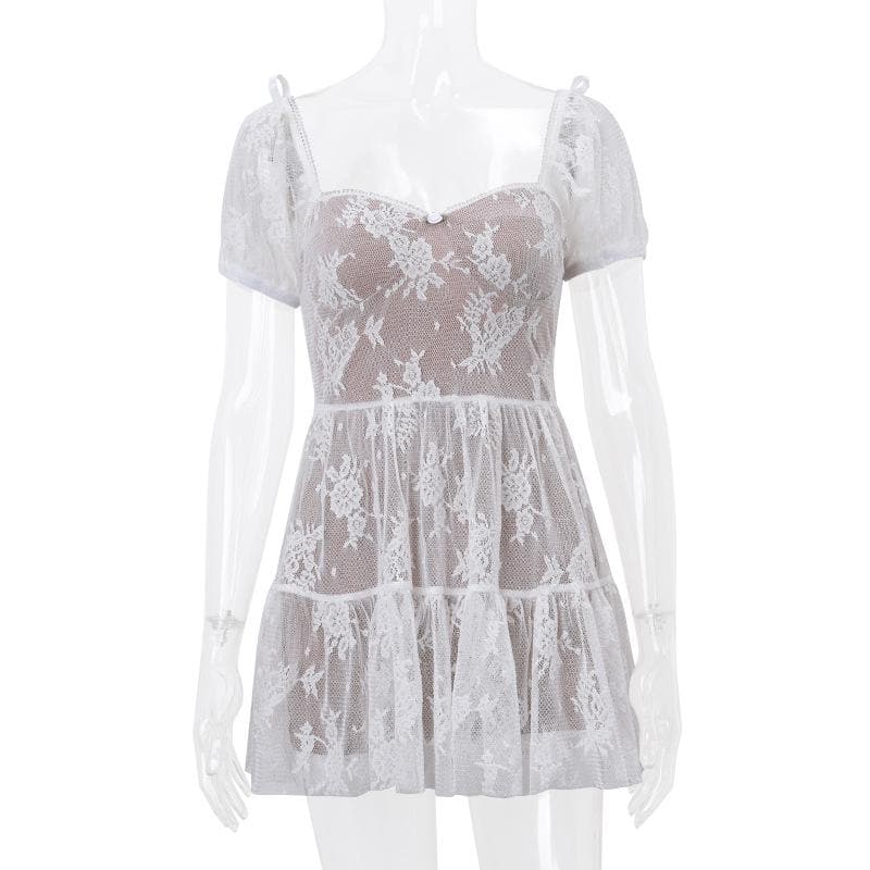 Short puff sleeve bowknot lace ruffle mini dress
