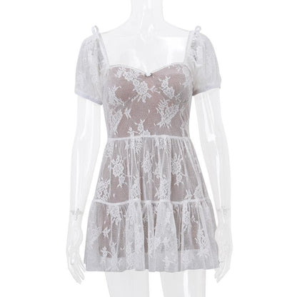 Short puff sleeve bowknot lace ruffle mini dress