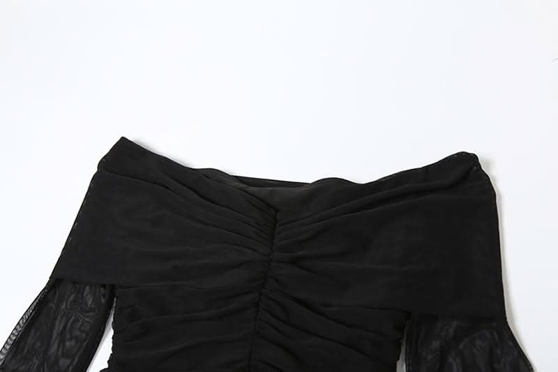 Long sleeve off shoulder ruched mesh maxi dress