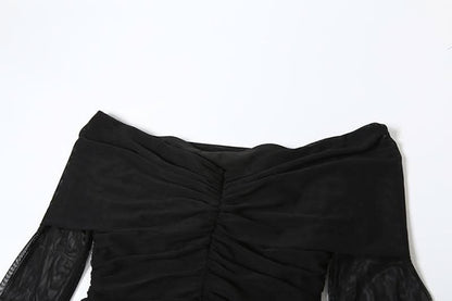 Long sleeve off shoulder ruched mesh maxi dress
