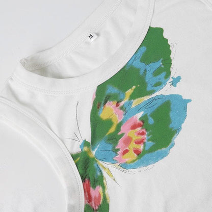 Crewneck butterfly print contrast tank top