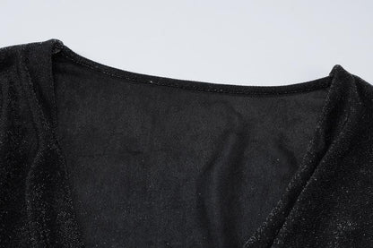 Long sleeve cowl neck ruched glitter solid mini dress
