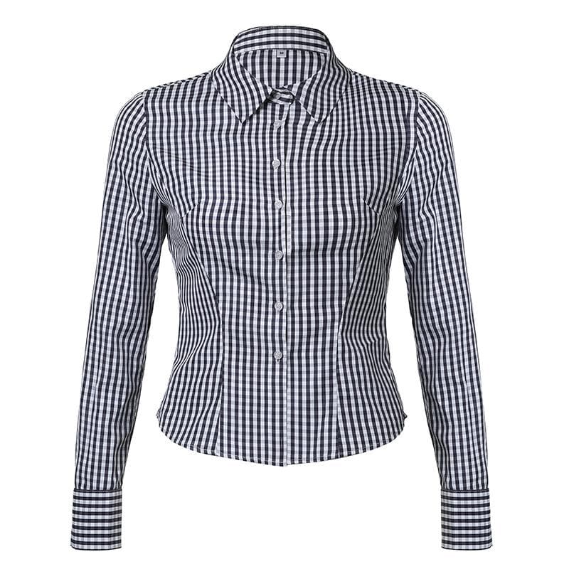 Turnover collar long sleeve button plaid top