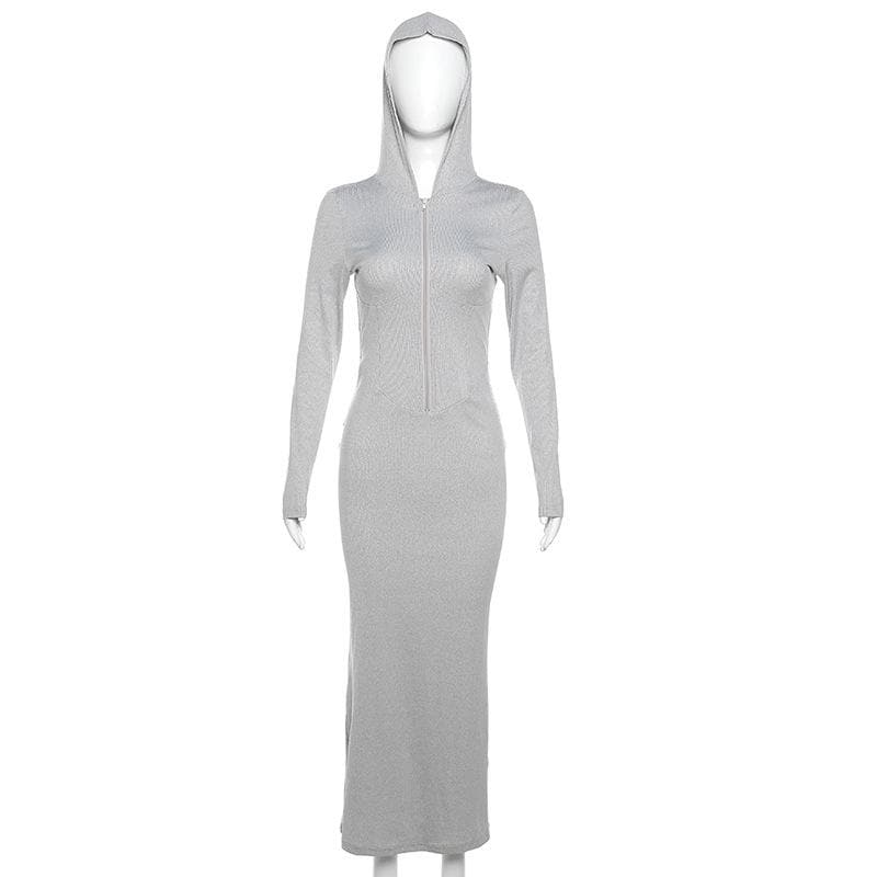 Hooded Zip Front Ribbed Panel Bodycon Maxi Dress