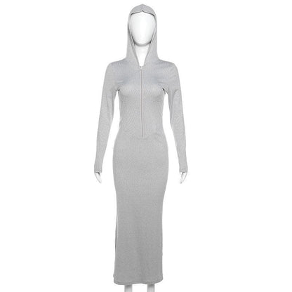 Hooded Zip Front Ribbed Panel Bodycon Maxi Dress