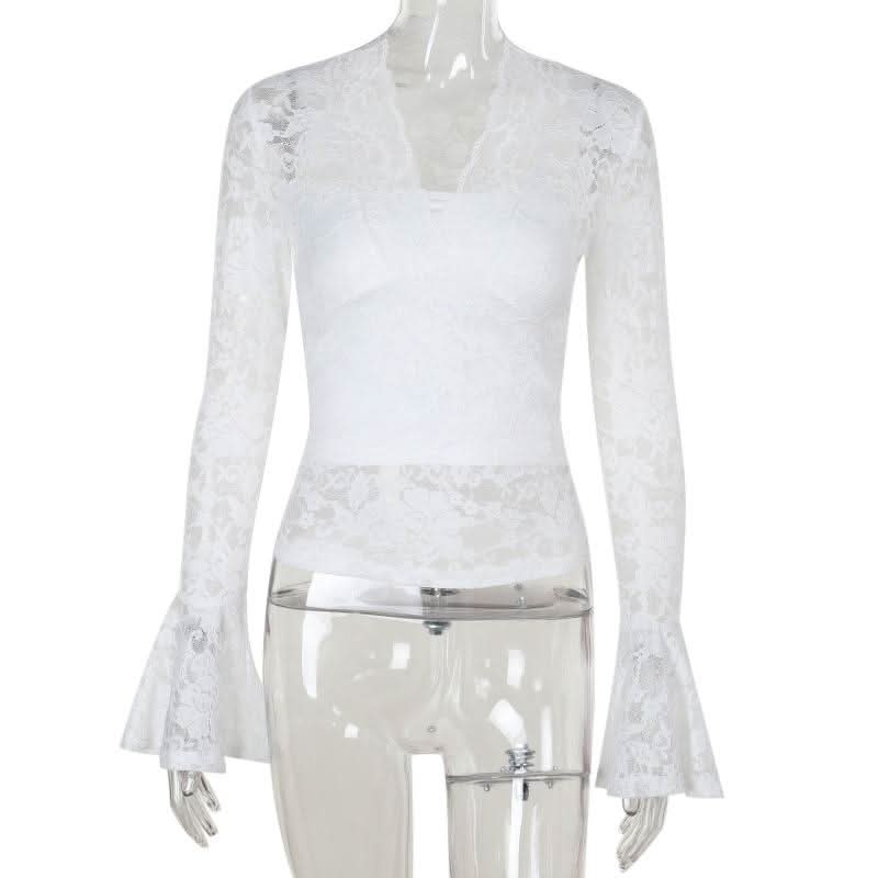 Long flared sleeve v neck lace solid top