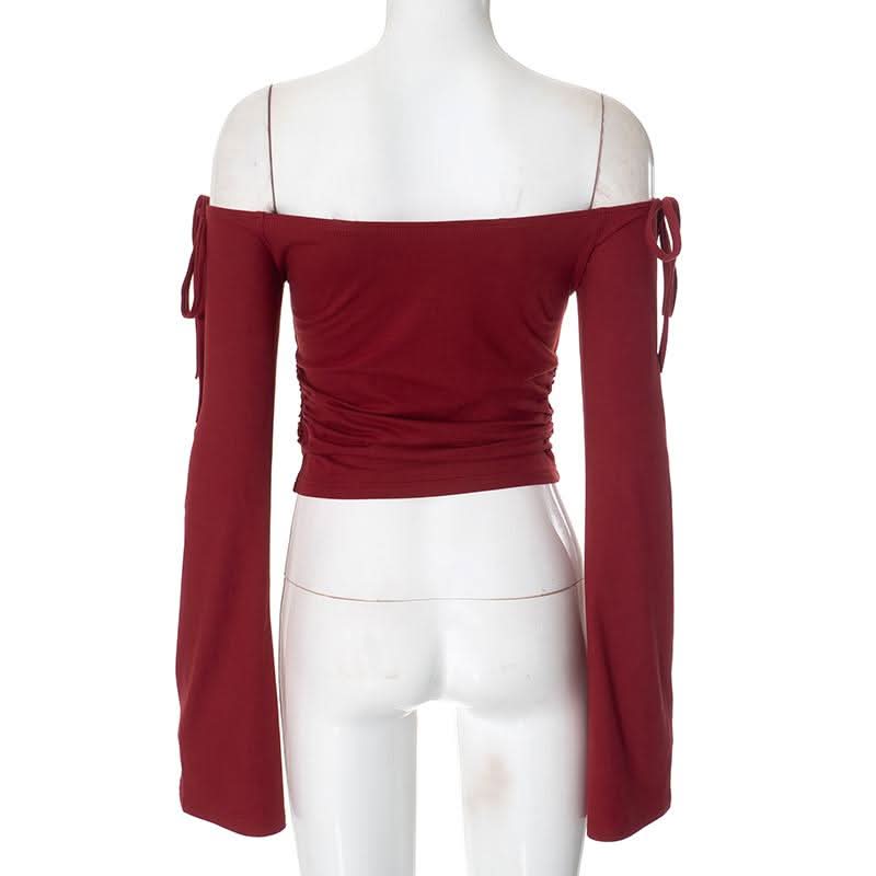 Off shoulder long sleeve ruched self tie top