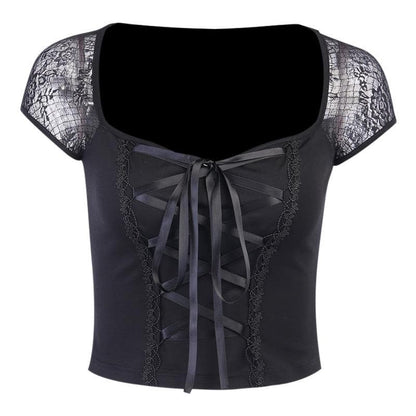 Self tie lace hem square neck cap sleeve crop top