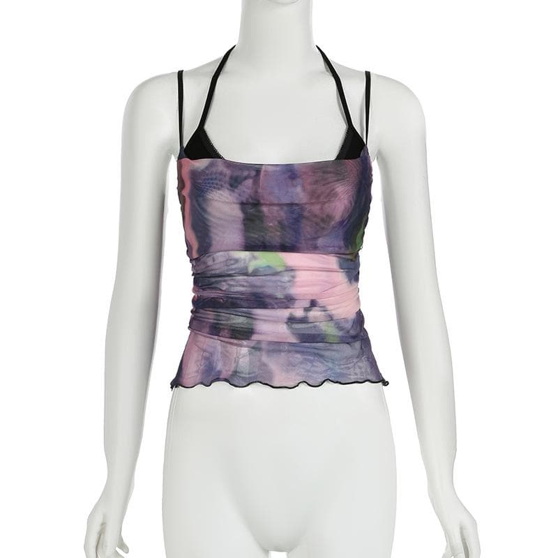Halter tie dye mesh ruched 2 piece top