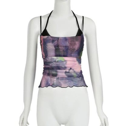 Halter tie dye mesh ruched 2 piece top