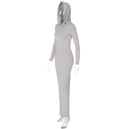 Hooded Long Sleeve Cowl Neck Side Slit Bodycon Maxi Dress