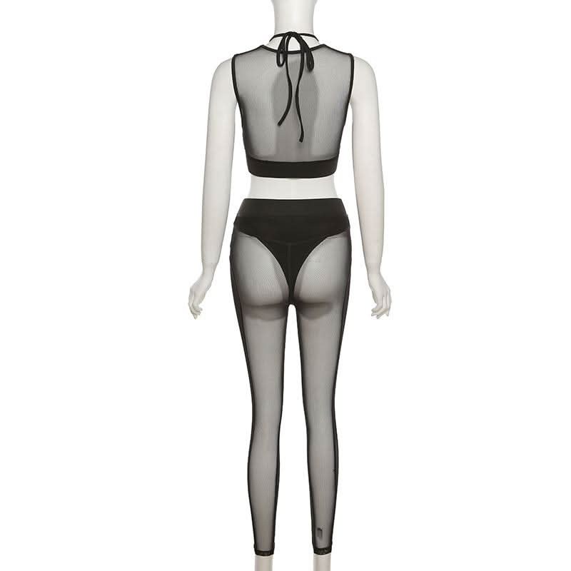 Crewneck hollow out mesh medium rise pant set