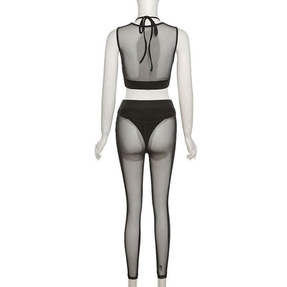 Crewneck hollow out mesh medium rise pant set