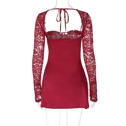 Long sleeve lace knotted ruched solid mini dress